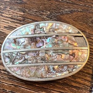 Vintage Mexico Silver inlay iridescent Abalone 4 row belt buckle